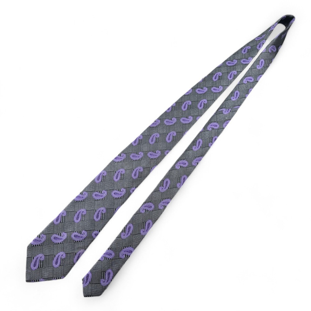 VIV Silk Necktie Mens Black Gray Check Purple Paisley 62L 3.25W Italy Tie